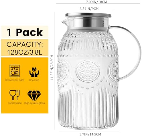 Vintage Glass Pitcher with Lid, 128oz/ 1 Gallon Water Pitcher with Handle for Fridge Heat Resistant Borosilicate, alternate