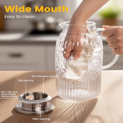 Vintage Glass Pitcher with Lid, 128oz/ 1 Gallon Water Pitcher with Handle for Fridge Heat Resistant Borosilicate, alternate