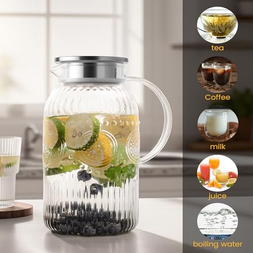 Vintage Glass Pitcher with Lid, 128oz/ 1 Gallon Water Pitcher with Handle for Fridge Heat Resistant Borosilicate, alternate
