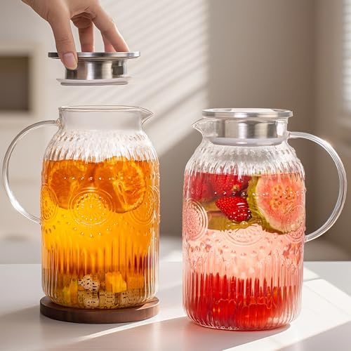 Vintage Glass Pitcher with Lid, 128oz/ 1 Gallon Water Pitcher with Handle for Fridge Heat Resistant Borosilicate, alternate
