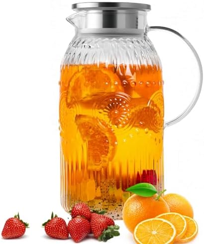 Vintage Glass Pitcher with Lid, Heat Resistant Borosilicate Water Jug, 68 oz/ 2 Liter Water Pitcher with Handle