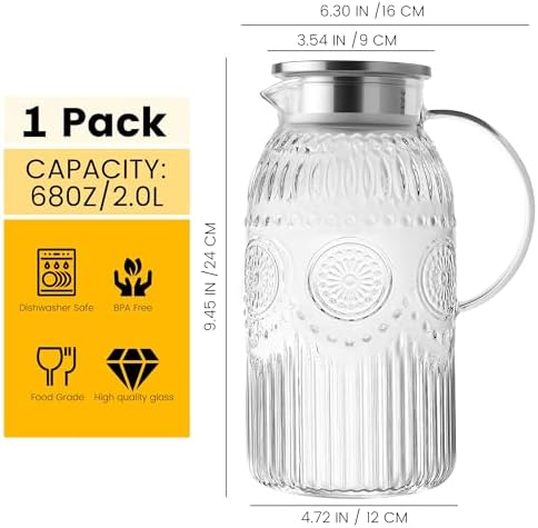 Vintage Glass Pitcher with Lid, Heat Resistant Borosilicate Water Jug, 68 oz/ 2 Liter Water Pitcher with Handle, alternate