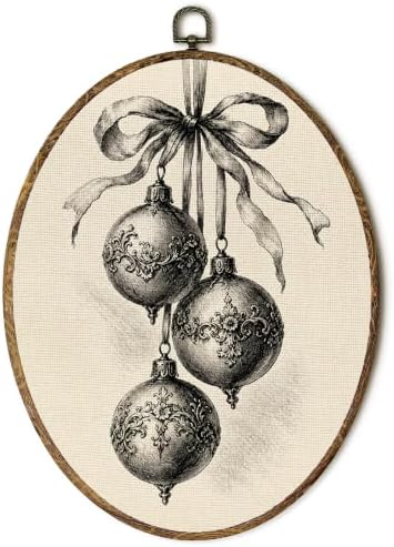 Vintage Neutral Antique Christmas Ornaments Oval Wall Art 8.5x11.5in