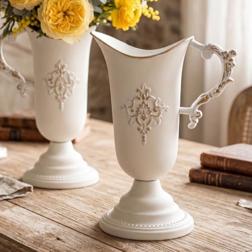 Vintage Pitcher Vases, 4Pcs Metal Flower White Vase with Handle in White