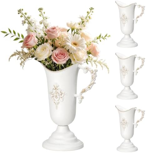 Vintage Pitcher Vases, 4Pcs Metal Flower White Vase with Handle in White, alternate view 2
