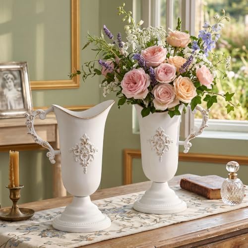 Vintage Pitcher Vases, 4Pcs Metal Flower White Vase with Handle in White, alternate view 7