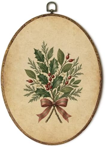 Vintage Rustic Christmas Botanical Oval Wall Art 8.5x11.5in
