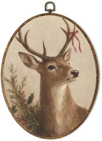 Vintage Rustic Christmas Reindeer Oval Wall Art 8.5x11.5in