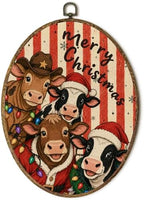 Vintage Rustic Merry Christmas Cow Farmhouse Oval Wall Art 8.5x11.5in