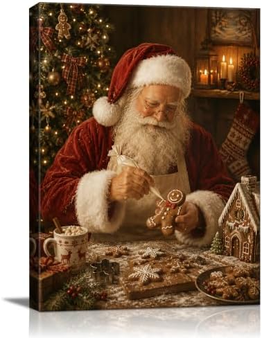 Vintage Santa Claus Christmas Canvas Wall Art, Gingerbread Canvas Prints