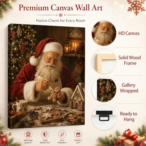 Vintage Santa Claus Christmas Canvas Wall Art, Gingerbread Canvas Prints, alternate view 5