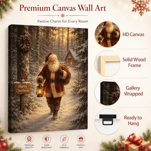 Vintage Santa Claus Christmas Wall Art, Snowy Forest Cabin Canvas Prints, alternate view 5