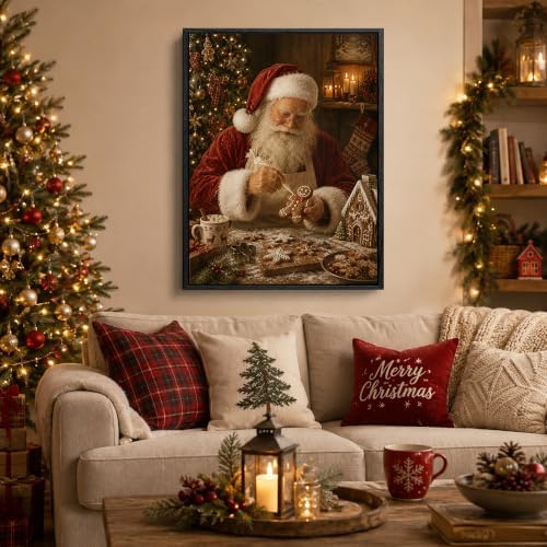 Vintage Santa Claus Framed Christmas Wall Art, Gingerbread Canvas Pictures, alternate view 2
