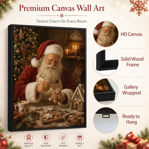 Vintage Santa Claus Framed Christmas Wall Art, Gingerbread Canvas Pictures, alternate view 5