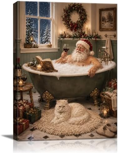 Vintage Santa in Bathtub Canvas Wall Art, Funny Christmas Bathroom Wall Art
