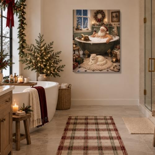Vintage Santa in Bathtub Canvas Wall Art, Funny Christmas Bathroom Wall Art, alternate view 4