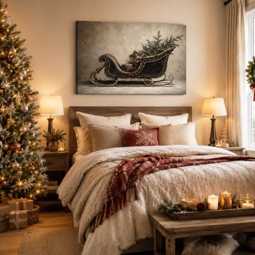 Vintage Sleigh Christmas Canvas Wall Art, Winter Holiday Canvas Prints, alternate view 3