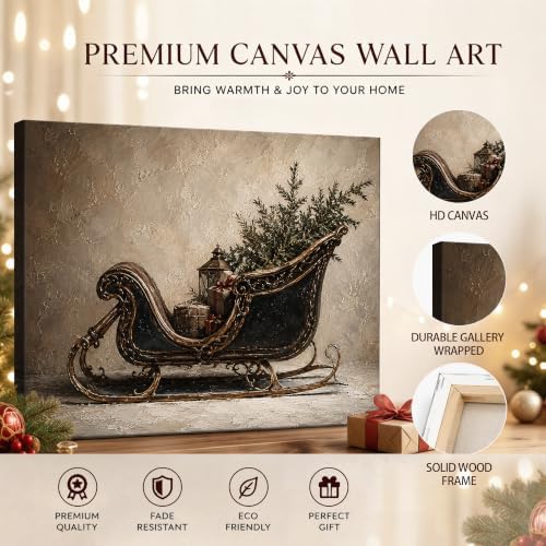 Vintage Sleigh Christmas Canvas Wall Art, Winter Holiday Canvas Prints, alternate view 5