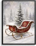 Vintage Sleigh Framed Christmas Wall Art, Snowy Pine Forest Canvas Pictures