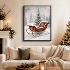 Vintage Sleigh Framed Christmas Wall Art, Snowy Pine Forest Canvas Pictures, alternate view 2