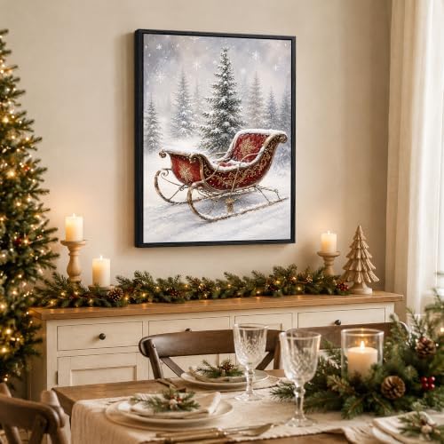 Vintage Sleigh Framed Christmas Wall Art, Snowy Pine Forest Canvas Pictures, alternate view 4