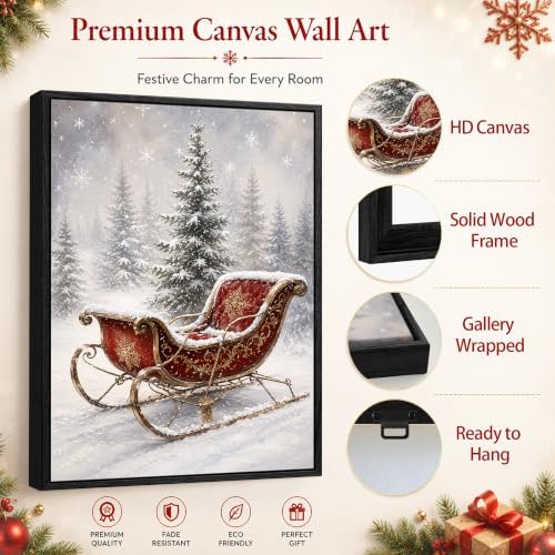 Vintage Sleigh Framed Christmas Wall Art, Snowy Pine Forest Canvas Pictures, alternate view 5