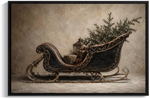 Vintage Sleigh Framed Christmas Wall Art, Winter Holiday Canvas Pictures