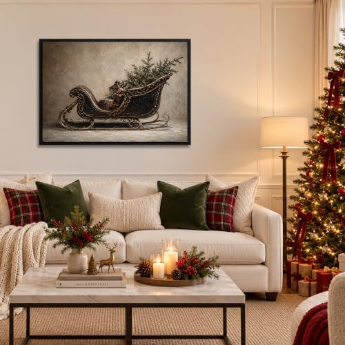 Vintage Sleigh Framed Christmas Wall Art, Winter Holiday Canvas Pictures, alternate view 2