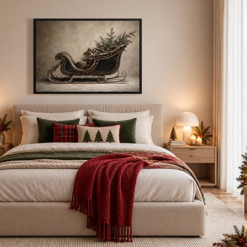 Vintage Sleigh Framed Christmas Wall Art, Winter Holiday Canvas Pictures, alternate view 3