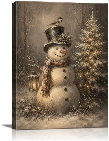 Vintage Snowman Christmas Canvas Wall Art, Christmas Tree Canvas Prints