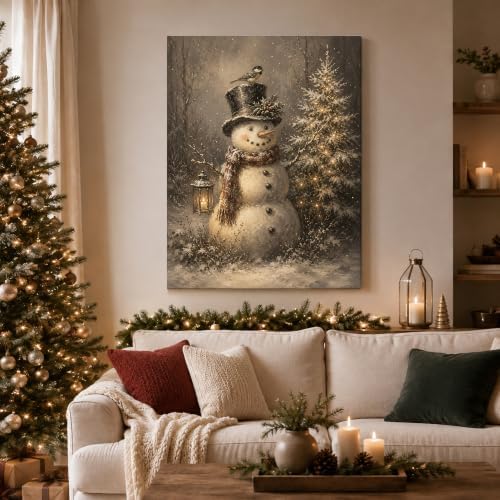 Vintage Snowman Christmas Canvas Wall Art, Christmas Tree Canvas Prints, alternate view 2