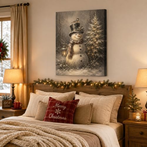Vintage Snowman Christmas Canvas Wall Art, Christmas Tree Canvas Prints, alternate view 3