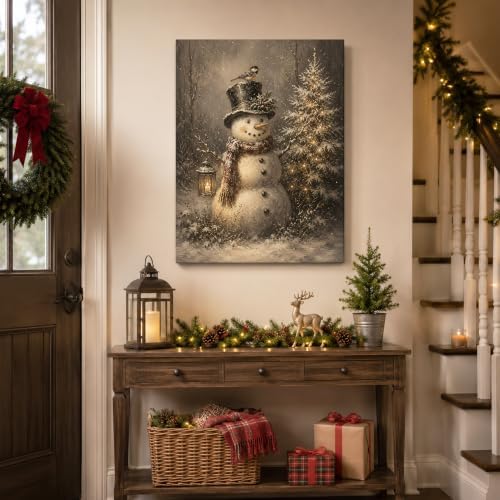 Vintage Snowman Christmas Canvas Wall Art, Christmas Tree Canvas Prints, alternate view 4
