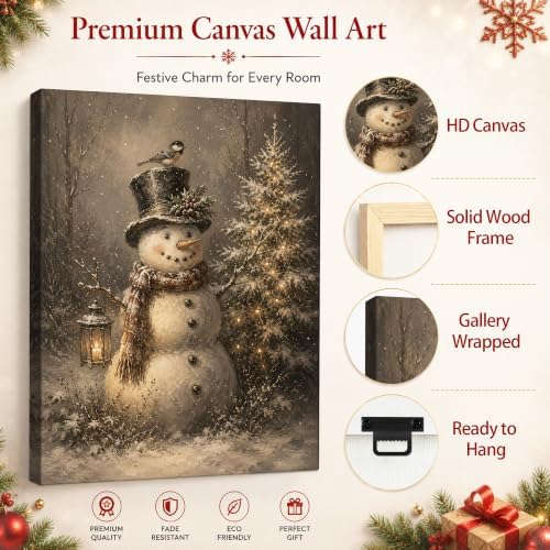 Vintage Snowman Christmas Canvas Wall Art, Christmas Tree Canvas Prints, alternate view 5