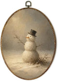 Vintage Snowman Top Hat Oval Wall Art, Rustic Winter Framed Canvas Prints Wall Art, Cozy Farmhouse Snowman Oval