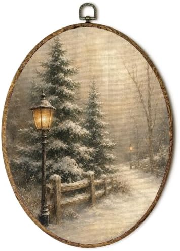 Vintage Snowy Forest Street Lamp Oval Wall Art, Winter Pine Landscape Framed Canvas Prints Wall Art, Rustic