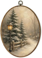 Vintage Snowy Forest Street Lamp Oval Wall Art, Winter Pine Landscape Framed Canvas Prints Wall Art, Rustic