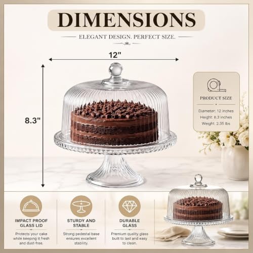 Vintage-Style Crystal Glass Cake Stand with Dome Lid - Elegant Dessert Display & Cake Holder for Cakes, alternate view 2