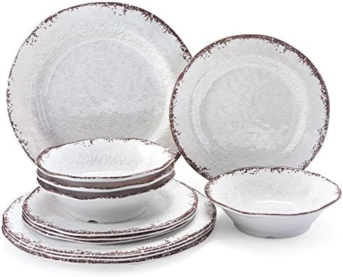 Vintage White Melamine Dinnerware set, 12 Piece Lightweight Dish Set in White