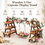 Vintage Wooden Three-Tier Cupcake Stand, Foldable Dessert Tower in Wood, alternate view 3