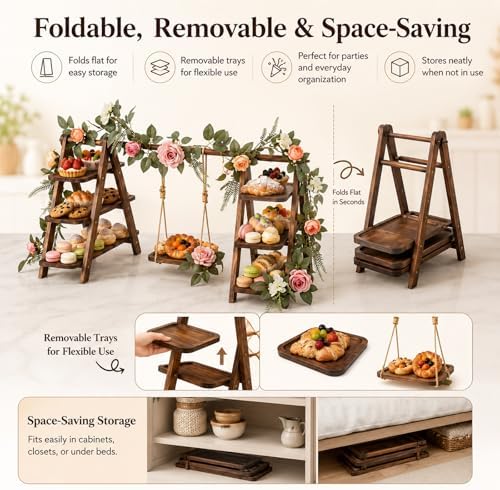 Vintage Wooden Three-Tier Cupcake Stand, Foldable Dessert Tower in Wood, alternate view 4