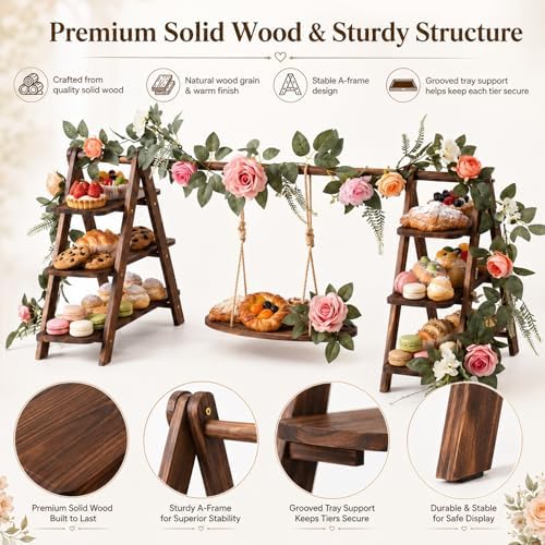 Vintage Wooden Three-Tier Cupcake Stand, Foldable Dessert Tower in Wood, alternate view 5