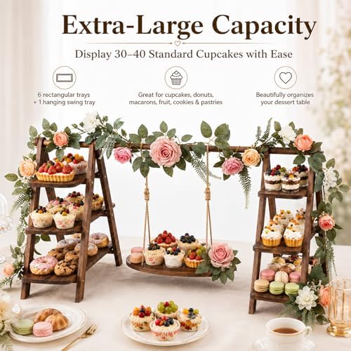 Vintage Wooden Three-Tier Cupcake Stand, Foldable Dessert Tower in Wood, alternate view 6