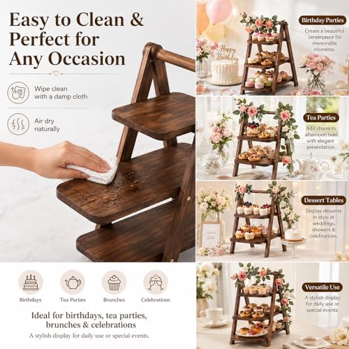 Vintage Wooden Three-Tier Cupcake Stand, Foldable Dessert Tower in Wood, alternate view 7