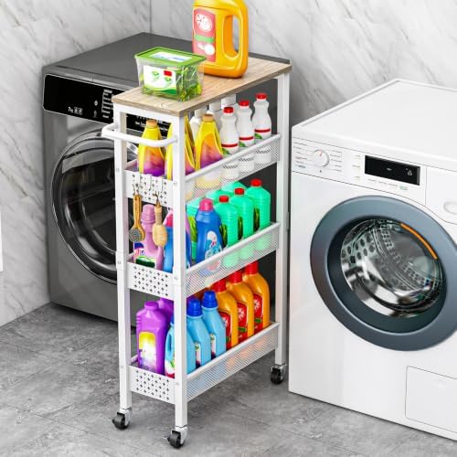 Vivihomety 4-Tier Slim Utility Rolling Laundry Cart with Wheels, Metal