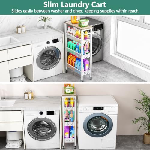 Vivihomety 4-Tier Slim Utility Rolling Laundry Cart with Wheels, Metal, alternate view 7