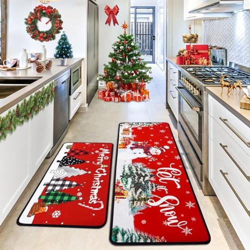 Voanos Merry Christmas Kitchen Rugs Set of 2, Non-Slip Washable Kitchen Floor Mat, Xmas Snowman Christams Tree