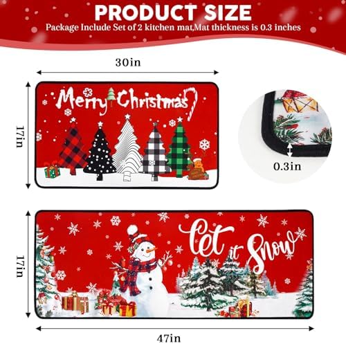 Voanos Merry Christmas Kitchen Rugs Set of 2, Non-Slip Washable Kitchen Floor Mat, Xmas Snowman Christams Tree, alternate