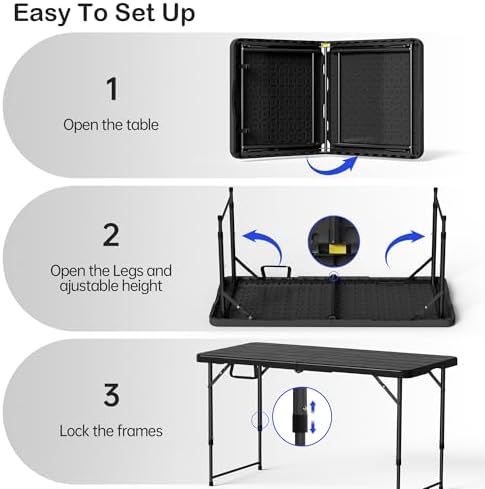 VSOAEIL 4 FT Folding Table 2 Pack Plastic Foldable Table Adjustable Height, alternate view 6
