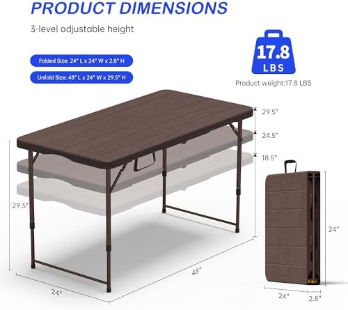 VSOAEIL 4 FT Folding Table, Small Plastic Foldable Table Adjustable Height, alternate view 2
